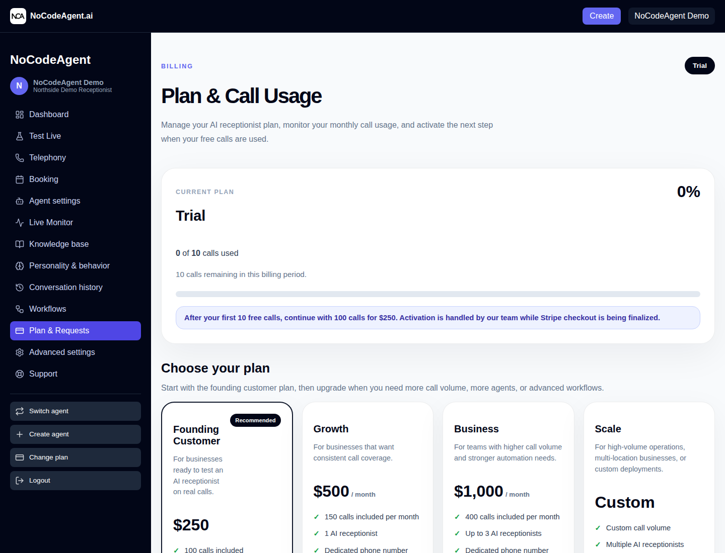 NoCodeAgent app billing screen